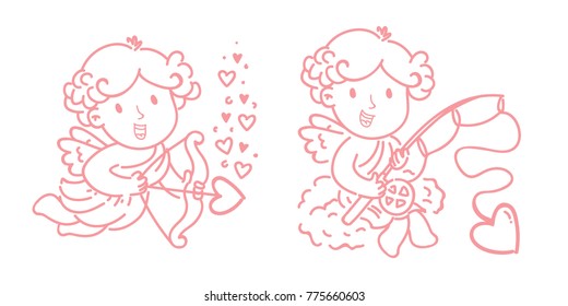 Cute outline Cupid Amur baby character with wings, hearts, bow and arrows. Pink romantic hand drawn love illustration art in cartoon, doodle style for Valentine Day: for print, greeting card, poster
