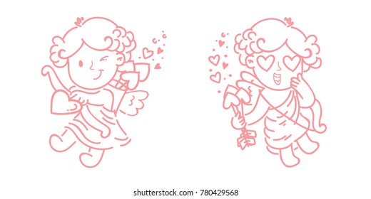 Cute outline Cupid Amur baby character with wings, hearts, bow and arrows. Pink romantic hand drawn love illustration art in cartoon, doodle style for Valentine Day: for print, greeting card, poster