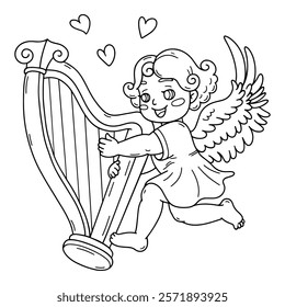 Cute outline cupid plays on harp. Cherub with curly hair and dress. Happy Valentine's day doodle character. Children's coloring book. Amour Baby Angel. God of love. Vector outline illustration.