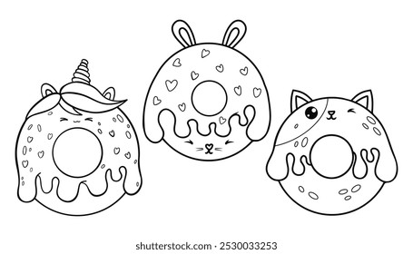 Lindo contorno de donas de dibujos animados de carácter kawaii unicornio, conejo y gato con gotas de glaseado. Dibujo de líneas, libro para colorear. Ilustración vectorial. Colección para niños