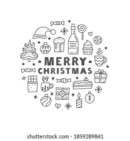 Cute outline doodle Christmas and New Year icons including snowman, fir tree, presents, socks, champagne, snowflakes, candy cane, panettone, candles, garland, etc composed in circle shape.