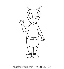 Cute outline doodle of green alien smiling and waving hello. Friendly extraterrestrial monster with big eyes, in boots and belt. Hand drawn weird creature in childish style isolated on background.