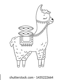 Cute outline doodle lama with hand drawn elements. Vector illustration.Coloring pages