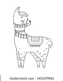 Cute outline doodle lama with hand drawn elements. Vector illustration.Coloring pages