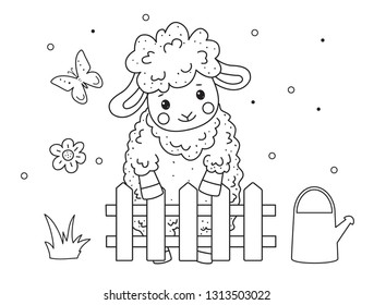 Cute outline doodle sheep sleeps. Coloring page.Vector illustration