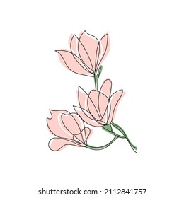 Cute outline drawing of blooming magnolia twig with pastel pink colored abctract petals.Modern minimalism art,vector aesthetic contour illustration.For print,stickers,postcard,invitations,patterns.