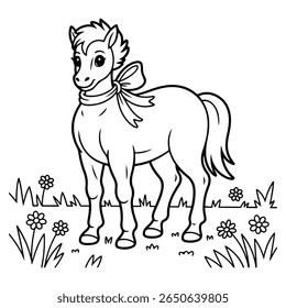 a cute outline drawing of a horse with a bow standing in a flower field, perfect for coloring pages and children's illustrations.