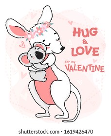 Cute Outline Drawing Koala Hug And Love Kangaroo, Flat Vector Animal Character Cartoon Idea For Greeting Card, Nursery Print And Kid Stuff, For My Valentine