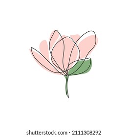 Cute outline drawing of single blooming magnolia flower with pastel pink colored abctract petals.Modern minimalism art,vector aesthetic contour illustration.For print,stickers,postcard,invitations.