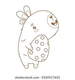 Cute Outline Easter Capybara in bunny ears with paschal egg. Happy cartoon character animal. Line drawing, coloring book. Vector illustration. Kids collection