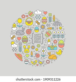 Cute outline easter and spring icons within a circle shape.