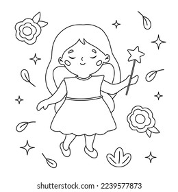 Cute outline fairy with magic wand. Cartoon flowers and leaves. Coloring page with beautiful flying princess. Fairy tale coloring book. Black and white vector illustration.