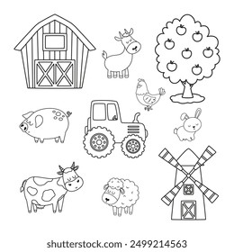 Conjunto de granja de contorno lindo aislado, página para colorear para niños, animales de granja, ovejas, vacas, pollos, cabras y cerdos, objetos de granja granero, molino de viento y tractor