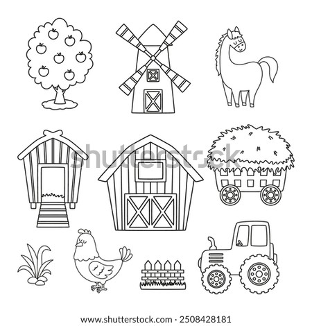 cute outline farm set isolated, coloring page for children, farm animals chicken, horse and farm objects barn, windmill, tractor, chicken coop and apple tree