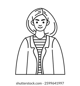 A cute outline female character in the doodle style. Vector black and white  linear illustration, hand-drawn sketch