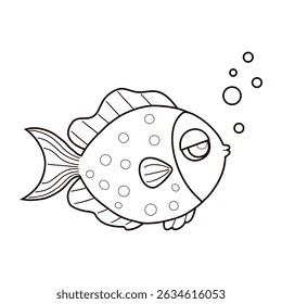 Cute Outline Fish with bubbles. Line drawing, coloring book. Vector illustration. Kids collection