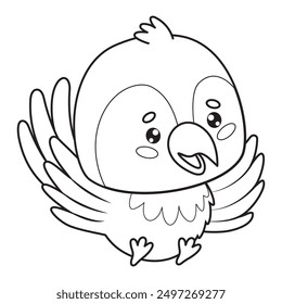 Cute outline flying Ara parrot. Funny cartoon kawaii bird. Line drawing, coloring book. Vector illustration. Kids collection.