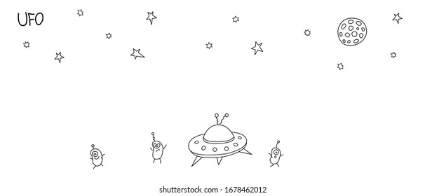 Cute outline funny aliens, flying saucer, spaceship. Background on the theme of UFO, space. Doodles vector illustration. Night sky, stars