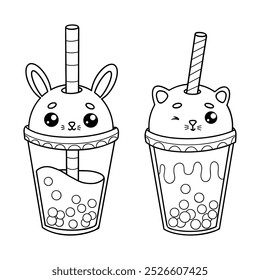 Cute outline glass of Bubble Tea Rabbit and cat with straw. Isolated funny cartoon kawaii character drink. Line drawing, coloring book. Vector illustration. Kids collection