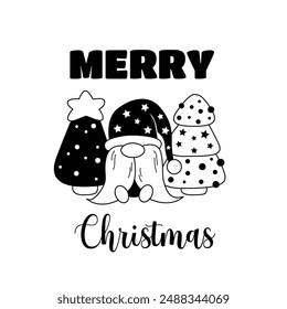 Cute outline gnome with cartoon christmas tree. Merry christmas line art vector design
