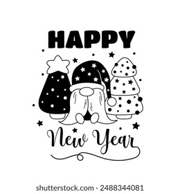 Cute outline gnome with cartoon christmas tree. Happy new year line art vector design