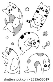 Lindos gatos gráficos de contorno en colección. Divertidos gatitos de dibujos animados en blanco y negro. Elemento de diseño con estilo - animales de bebé aislados, mascotas bonitas simples. Ilustración vectorial, juego de pegatinas monocromáticas.