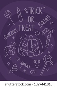 Cute outline halloween poster. Jack-o-lantern pumpin with tradiotional desserts, candy, jelly and snacks. Trick or treat invitation greeting card.