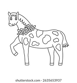 Cute outline horse with flower wreath isolated on white background. Doodle illustration of domestic animal for children's coloring books