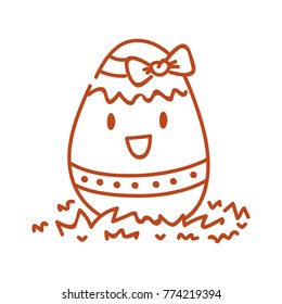 Cute outline illustration with colored Egg character with bow. Happy Easter. Hand drawn holiday art in vector cartoon style for greeting card, poster, banner, invitation, decoration, print
