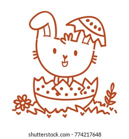 Cute outline illustration with Easter Bunny character and colored eggs. Happy Easter. Hand drawn holiday art in vector cartoon style for greeting card, poster, banner, invitation, decoration, print