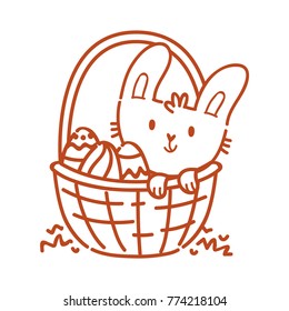 Cute outline illustration with Easter Bunny character and colored eggs. Happy Easter. Hand drawn holiday art in vector cartoon style for greeting card, poster, banner, invitation, decoration, print