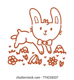 Cute outline illustration with Easter Bunny character and colored eggs. Happy Easter. Hand drawn holiday art in vector cartoon style for greeting card, poster, banner, invitation, decoration, print