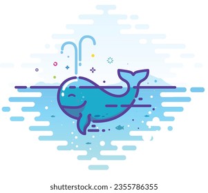Cute outline illustration of a happy whale in the sea