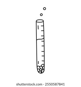 Cute outline laboratory test tube with chemical reagent, sediment. Doodle high narrow flask, glass tube for science experiment, chemistry, biology lesson. Flat hand drawn lab beaker isolated on white.