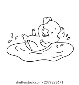 Cute outline laughing piglet character lying in puddle. Hand drawn illustration isolated on white background. Funny Farm animal for coloring book