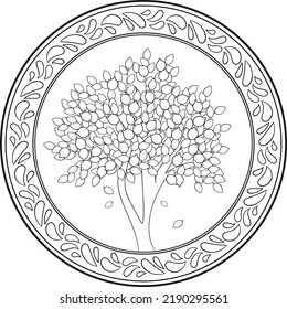 Árbol de limón de contorno corto en marco de mandala circular