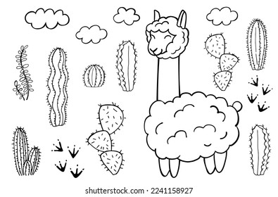 Cute outline llama in desert stands among the cactus in the desert isolated on white background. Perfect for coloring page, coloring book, print. Vector illustration.