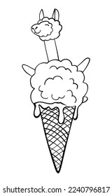 Cute outline llama ice cream isolated on white background. Perfect for coloring page, coloring book, print. Vector illustration.