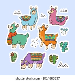 Cute outline llamas. Ink vector illustration. For children and coloring books. Furry animals collection