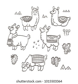 Cute outline llamas. Ink vector illustration. For children and coloring books. Furry animals collection