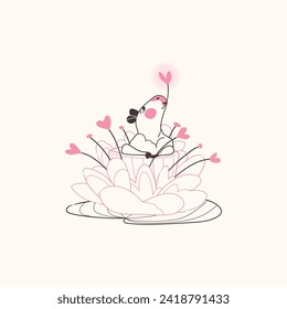Cute outline lovely capybara sitting inside lotus flower. St. valentines day card romance line art illustration on beige background