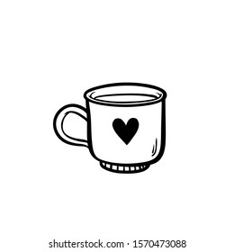 Cute outline mug stock vector illustration isolated on white background. Hand drawn vector cup morning mood. Doodle vector mug with heart. Coloring book element.