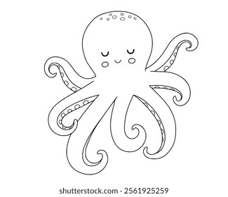 Cute outline octopus, line cartoon sea animal for children. Vector nautical illustration for coloring book and page