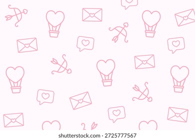 Padrão de contorno bonito de setas cupidas, cartas de amor e balões de ar em forma de coração no fundo rosa pastel. Perfeito para cartões de dia dos namorados adoráveis, embalagem e desenhos românticos divertidos.