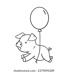 Cute outline piglet character with balloon. Hand drawn illustration isolated on white background. Funny Farm animal for coloring book