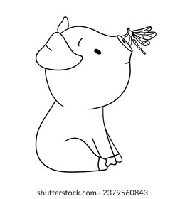 Cute outline piglet character with dragonfly. Hand drawn illustration isolated on white background. Funny Farm animal for coloring book