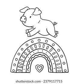 Cute outline piglet character jumping rainbow. Hand drawn illustration isolated on white background. Funny Farm animal for coloring book