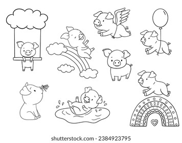 Cute outline piglet character jumping rainbow, flying with balloon Hand drawn illustrations set isolated on white background. Funny Farm animal for coloring book