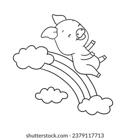 Cute outline piglet character on rainbow. Hand drawn illustration isolated on white background. Funny Farm animal for coloring book