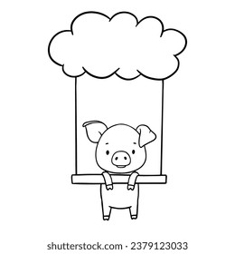 Cute outline piglet character on swing. Hand drawn illustration isolated on white background. Funny Farm animal for coloring book